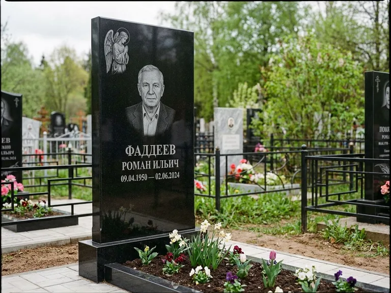 Памятник с гравировкой ангела — гравировка молящегося ангела в верхней части стелы, работа «Фаддеев» в Сургуте