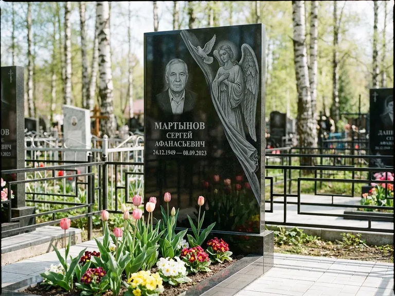 Памятник с гравировкой ангела — гравировка двух ангелов по сторонам портрета, работа «Касаткин» в Сургуте