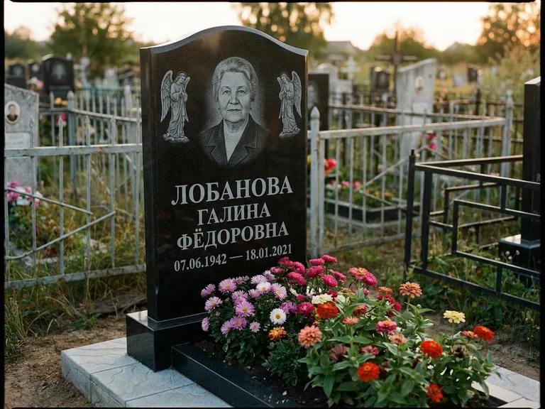 Памятник с гравировкой ангела — гравировка двух ангелов по сторонам портрета, работа «Лобанова» в Сургуте