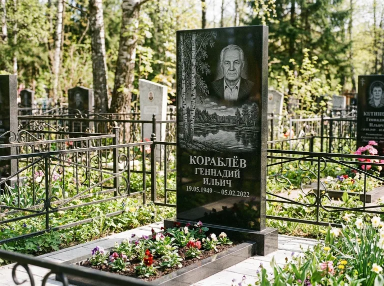 Памятник с гравировкой берёзы — гравировка берёзы у зеркального озера, работа «Кораблёв» в Сургуте