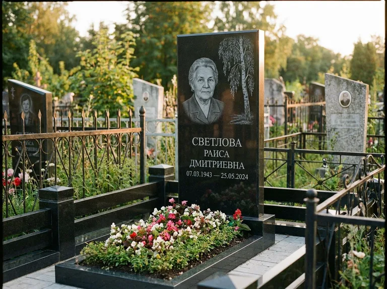 Памятник с гравировкой берёзы — гравировка плакучей берёзы с тонкими ветвями, работа «Светлова» в Сургуте