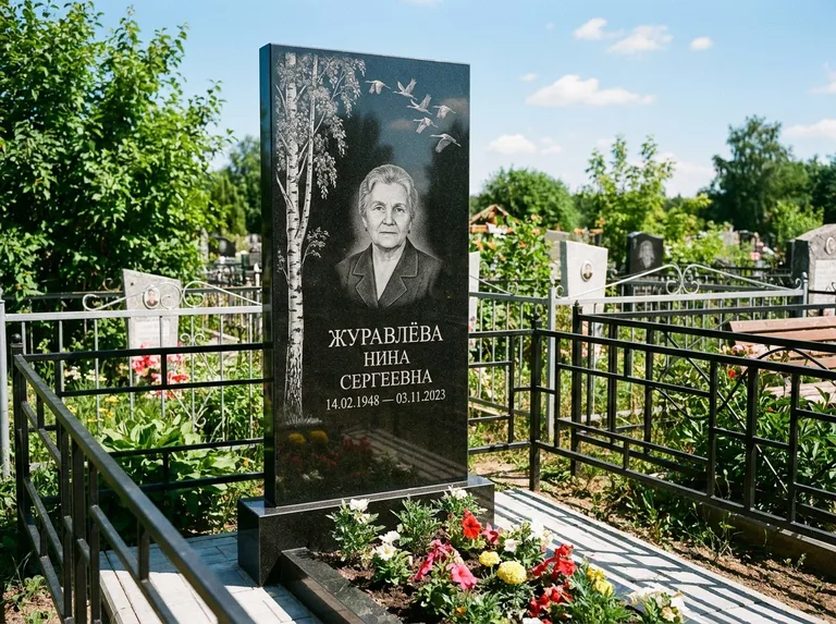 Памятник с гравировкой берёзы — гравировка берёзы с журавлиным клином в небе, работа «Журавлёва» в Сургуте