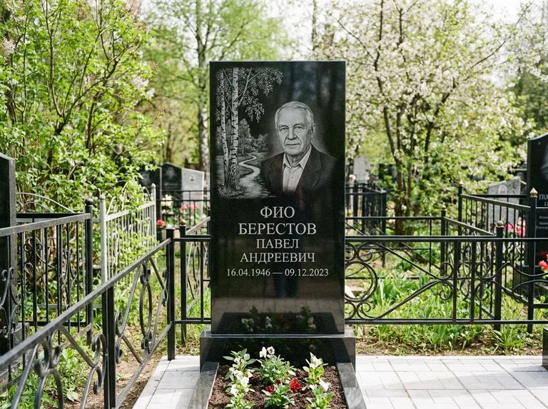 Памятник с гравировкой берёзы — гравировка берёзы у тропинки, уходящей вдаль, работа «Берестов» в Сургуте