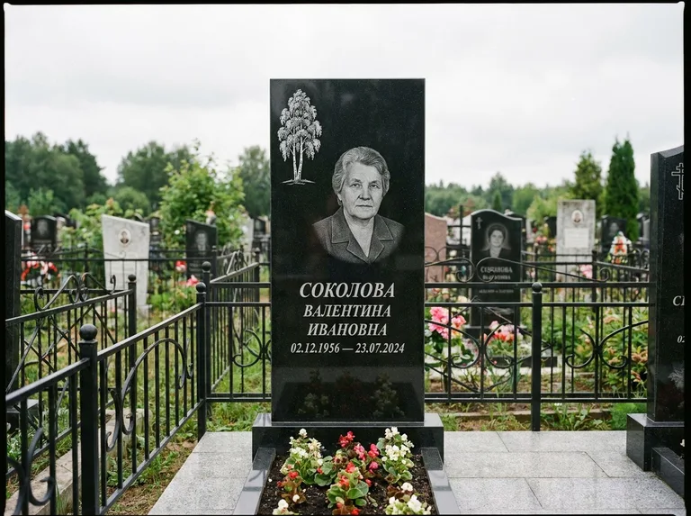 Памятник с гравировкой берёзы — гравировка одинокой берёзы над именем, работа «Соколова» в Сургуте