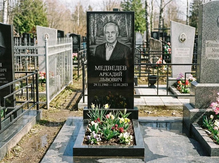 Памятник с гравировкой берёзы — гравировка берёзовой рощи в глубину, работа «Медведев» в Сургуте