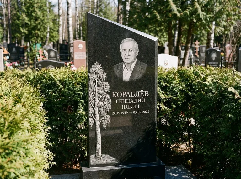 Памятник с гравировкой берёзы: асимметричная скошенная стела — объёмная одинокая берёза с фактурной корой, живая изгородь из туи, работа «Кораблёв» в Сургуте