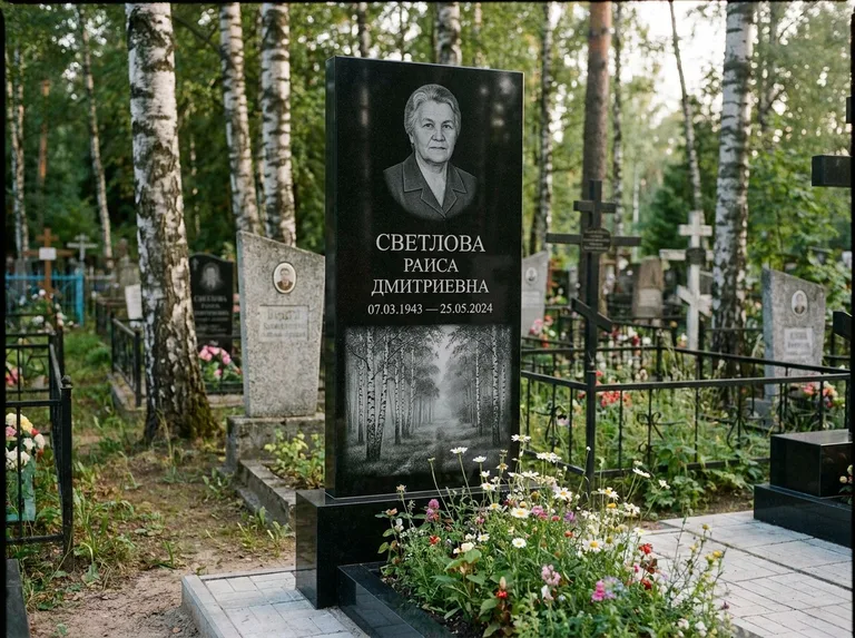Памятник с гравировкой берёзы: двойная семейная стела — берёзовая роща в лёгкой дымке, цветник с полевыми цветами, работа «Светлова» в Сургуте