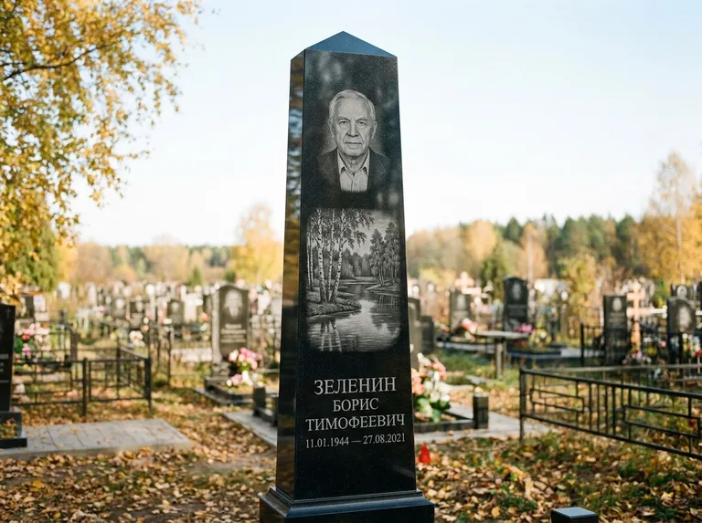 Памятник с гравировкой берёзы: гранёный обелиск-колонна — берёза у воды с отражением, открытый участок, мягкий свет, работа «Зеленин» в Сургуте