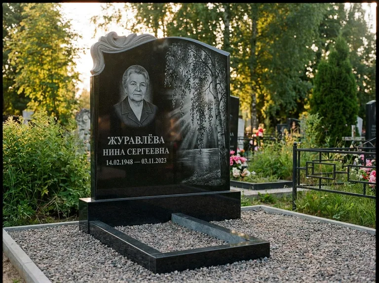 Памятник с гравировкой берёзы: стела с фигурным резным верхом — плакучая берёза в контровом свете, гравийная отсыпка, рассвет, работа «Журавлёва» в Сургуте