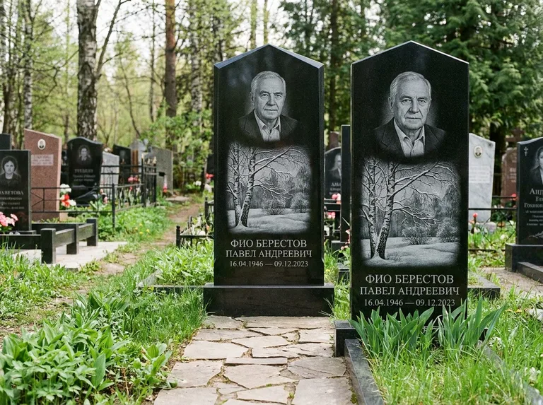 Памятник с гравировкой берёзы: массивная стела с двускатным навершием — зимняя берёза, снег на ветвях, дорожка из природного плитняка, работа «Берестов» в Сургуте