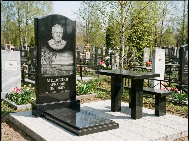 Памятник с гравировкой берёзы: стела с гранитным столиком и скамьёй — берёза у поля, простор до горизонта, семейный участок с плиткой, работа «Медведев» в Сургуте