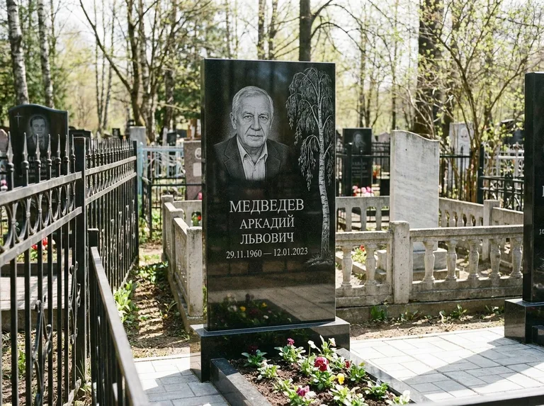 Памятник с гравировкой берёзы — гравировка плакучей берёзы с тонкими ветвями, работа «Медведев» в Сургуте