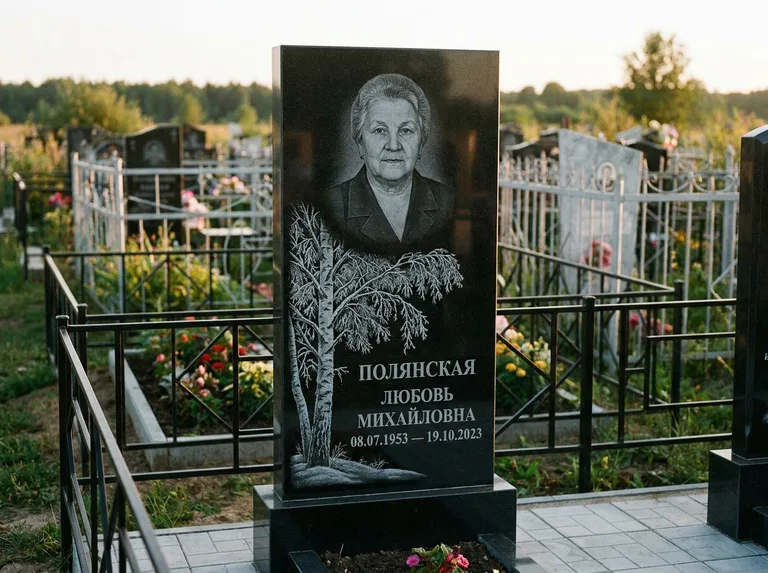 Памятник с гравировкой берёзы — гравировка зимней берёзы в инее, работа «Полянская» в Сургуте