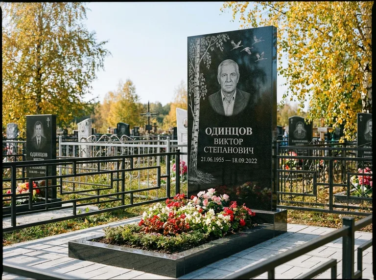 Памятник с гравировкой берёзы — гравировка берёзы с журавлиным клином в небе, работа «Одинцов» в Сургуте