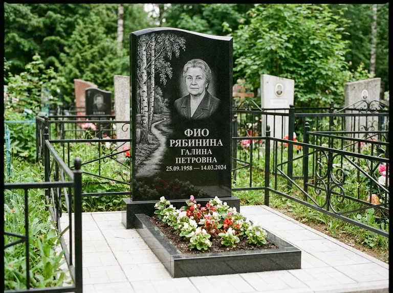 Памятник с гравировкой берёзы — гравировка берёзы у тропинки, уходящей вдаль, работа «Рябинина» в Сургуте