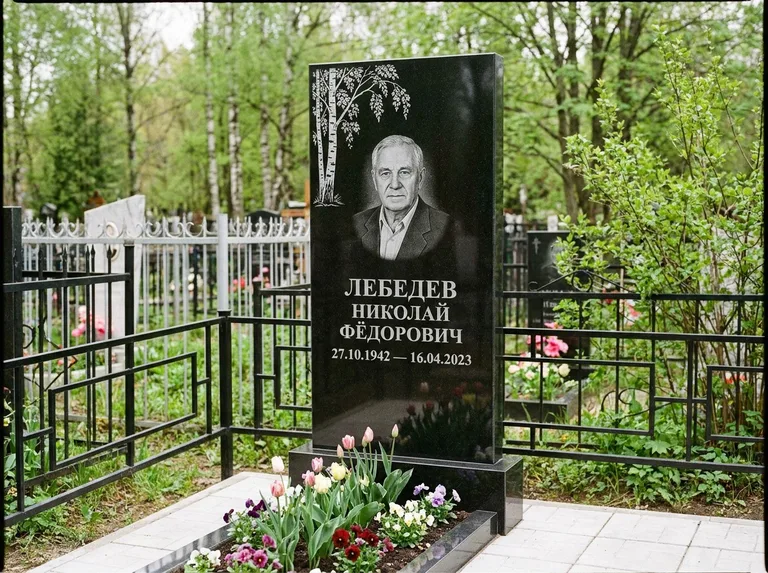 Памятник с гравировкой берёзы — гравировка одинокой берёзы над именем, работа «Лебедев» в Сургуте