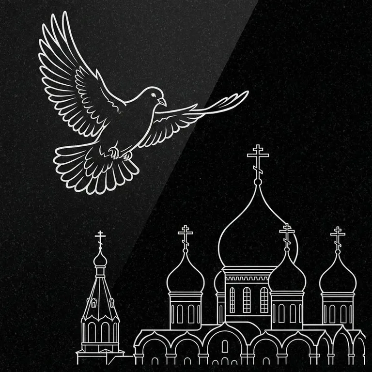 Эскиз гравировки голубей на памятник — голубь в небе над храмом в Сургуте