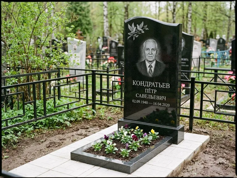 Памятник с гравировкой голубей — гравировка пары голубей на ветке в верхнем углу стелы, работа «Кондратьев» в Сургуте