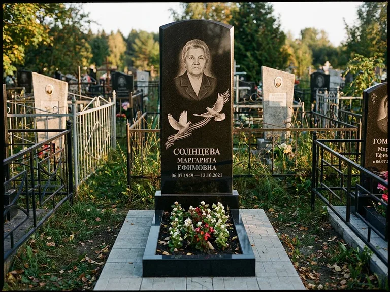 Памятник с гравировкой голубей — гравировка двух летящих голубей с лентой по диагонали стелы, работа «Солнцева» в Сургуте