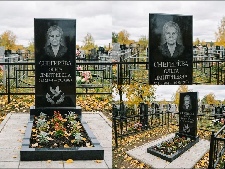 Памятник с гравировкой голубей — гравировка голубя над раскрытыми ладонями внизу стелы, работа «Снегирёва» в Сургуте