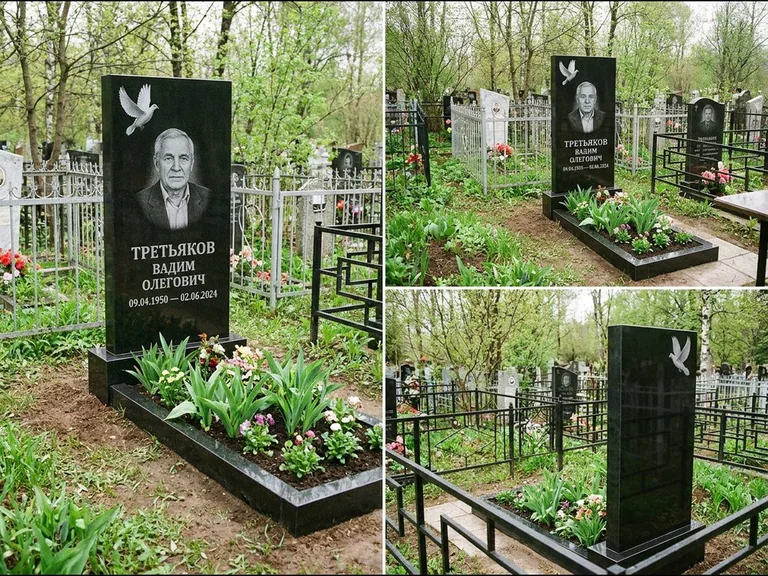 Памятник с гравировкой голубей — белая гравировка взлетающего голубя над портретом, работа «Третьяков» в Сургуте