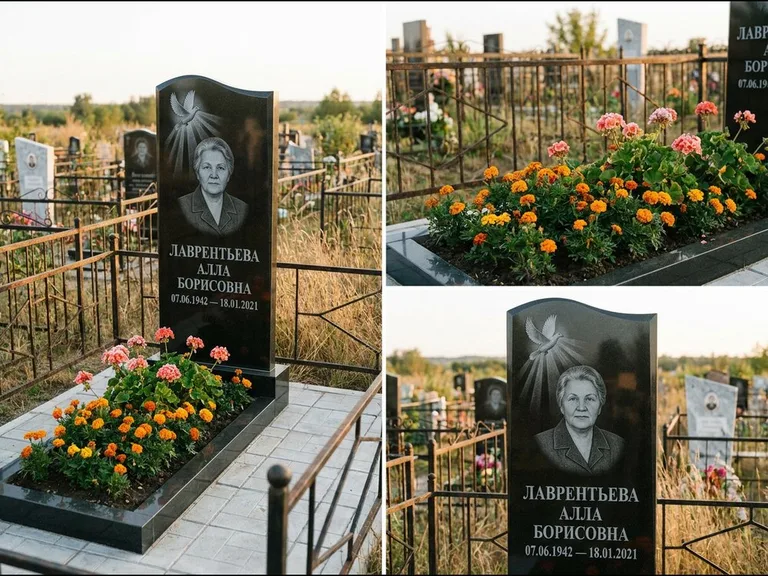 Памятник с гравировкой голубей — гравировка голубя в лучах света над портретом, работа «Лаврентьева» в Сургуте