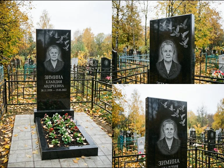Памятник с гравировкой голубей — гравировка стаи голубей, взлетающей от угла стелы, работа «Зимина» в Сургуте