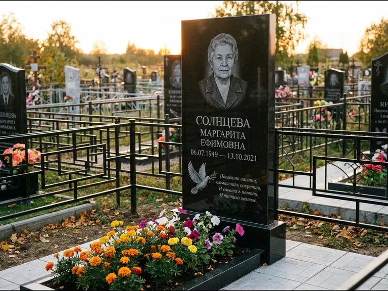 Памятник с гравировкой голубей — гравировка голубя с оливковой ветвью рядом с эпитафией, работа «Солнцева» в Сургуте
