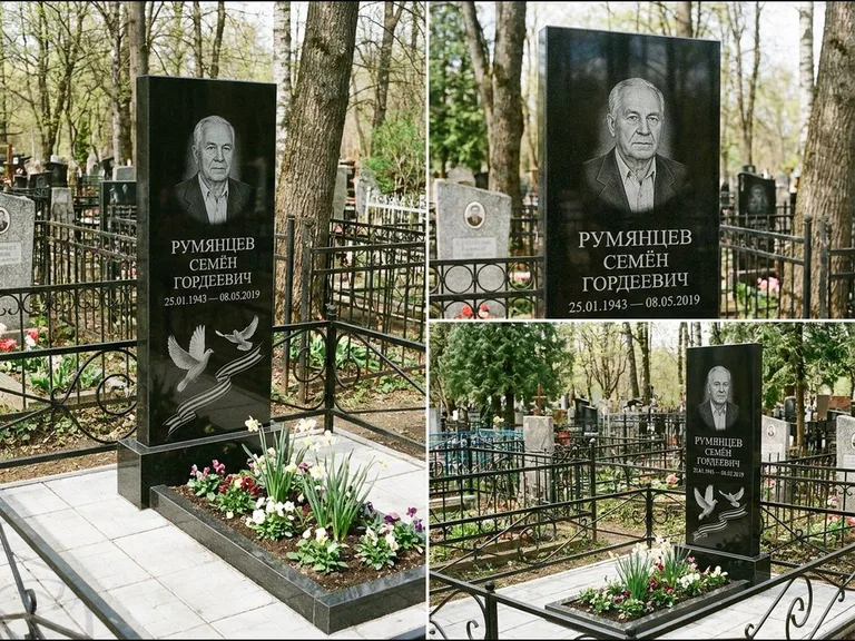 Памятник с гравировкой голубей — гравировка двух летящих голубей с лентой по диагонали стелы, работа «Румянцев» в Сургуте
