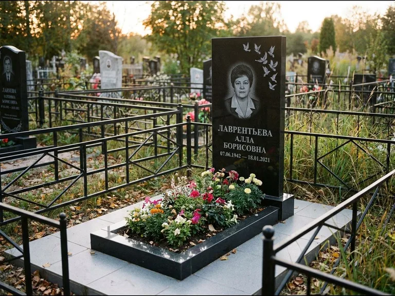 Памятник с гравировкой голубей — гравировка стаи голубей, взлетающей от угла стелы, работа «Лаврентьева» в Сургуте