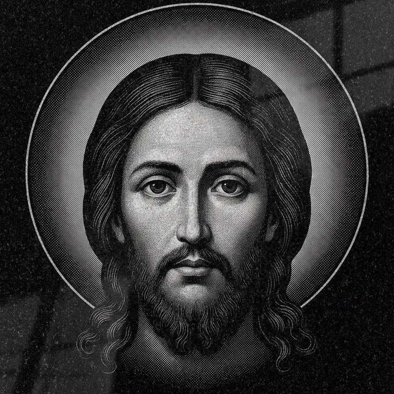 Эскиз иконы: Спас Нерукотворный (полутон) — детальный лик на убрусе, гравировка на памятник в Сургуте
