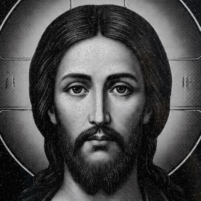 Эскиз иконы: Спас Вседержитель (полутон) — объёмный лик, светотень, гравировка на памятник в Сургуте