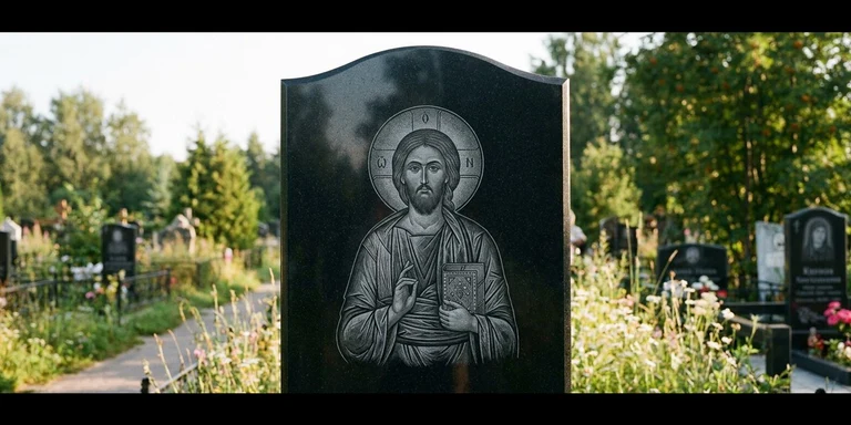 Иконы для гравировки на памятник в Сургуте — образ на стеле из чёрного гранита с ручной доводкой лика