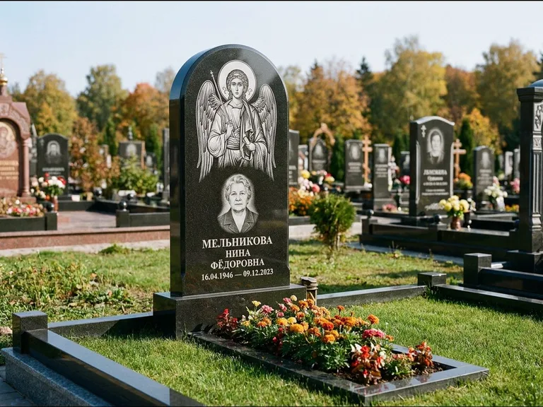 Памятник с гравировкой иконы — икона над портретом усопшего, работа «Журавлёв» в Сургуте