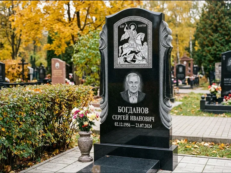 Памятник с гравировкой иконы — икона Спаса Вседержителя над именем усопшего, работа «Лебедева» в Сургуте