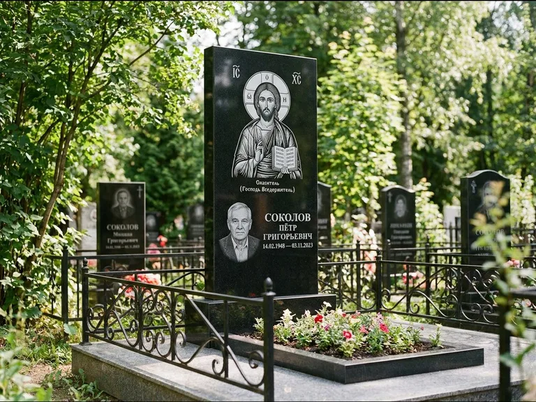 Памятник с гравировкой иконы — икона Спаса Вседержителя над именем усопшего, работа «Воронцова» в Сургуте