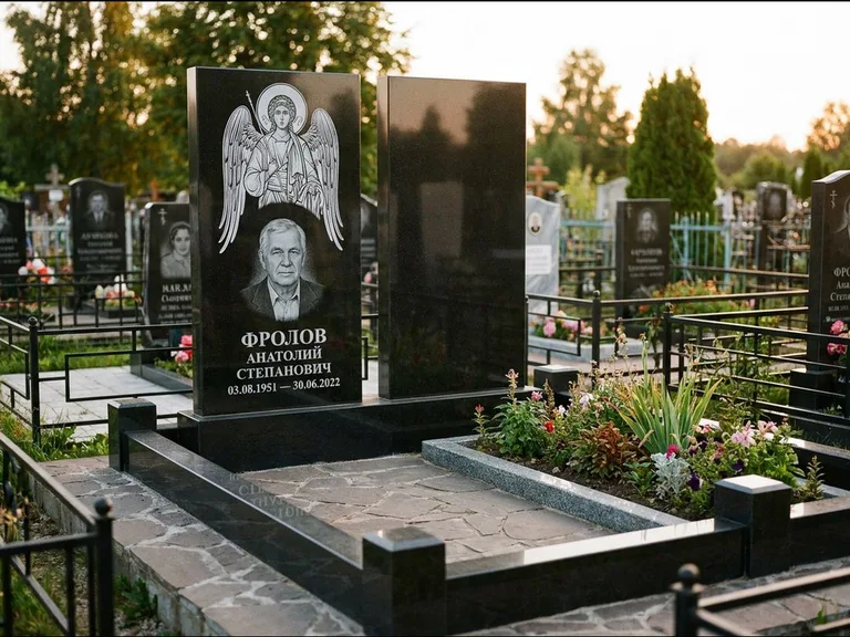 Памятник с гравировкой иконы: стела с резной рамкой вокруг иконы — Архангел Михаил на стеле, белая мраморная крошка с бордюром, работа «Богданова» в Сургуте