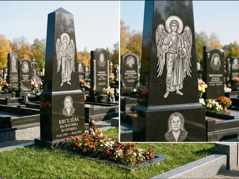 Памятник с гравировкой иконы: асимметричная скошенная стела — гравировка образа Спасителя, живая изгородь из кустарника, работа «Третьяков» в Сургуте