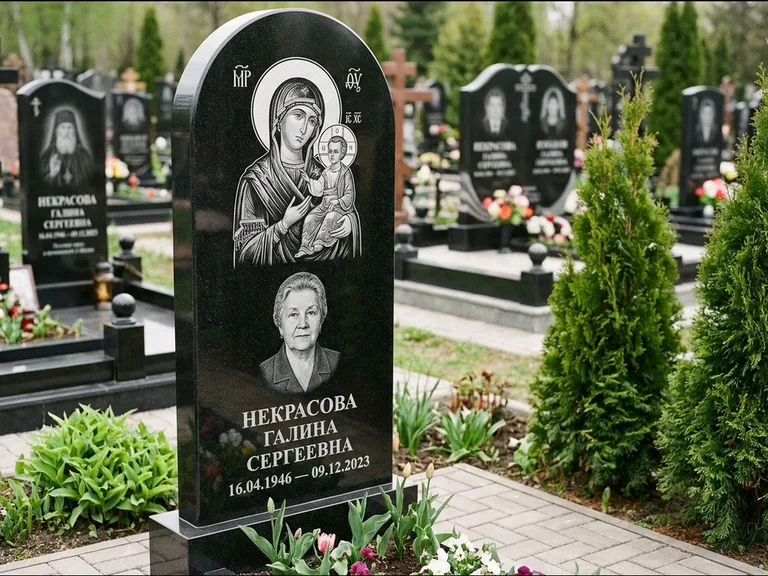 Памятник с гравировкой иконы: фигурная стела с киот-нишей под икону — икона в резной рамке-киоте, светлая гравийная отсыпка, работа «Журавлёв» в Сургуте