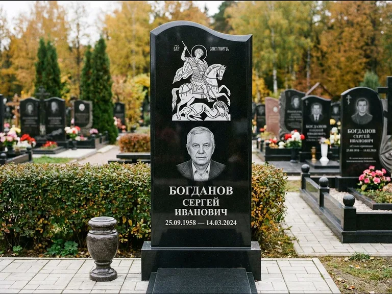 Памятник с гравировкой иконы: монументальный семейный мемориал из двух стел на общем цоколе — гравировка Николая Чудотворца, мощёная гранитная площадка без ограды, работа «Раевская» в Сургуте