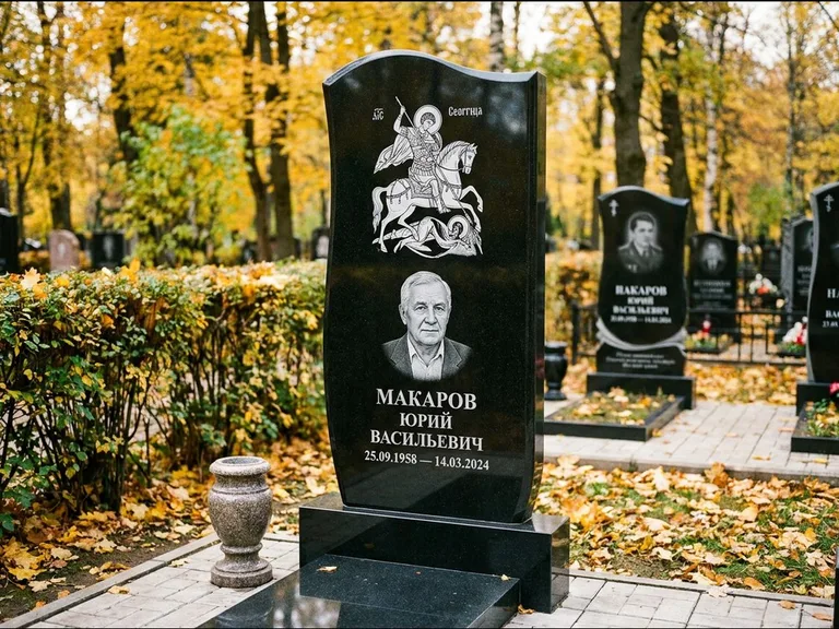 Памятник с гравировкой иконы — икона над портретом усопшего, работа «Раевская» в Сургуте