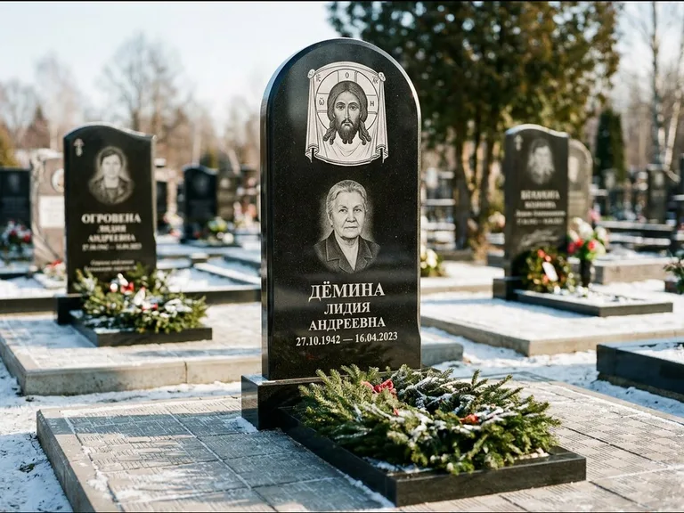 Памятник с гравировкой иконы — икона Спаса Вседержителя над именем усопшего, работа «Ковалёв» в Сургуте