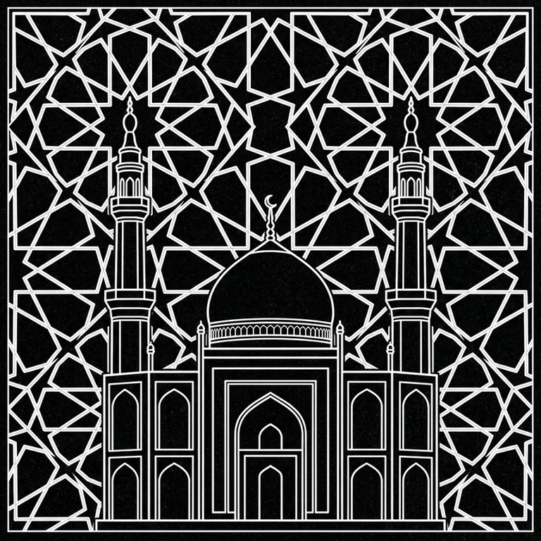 Эскиз: С гирихом — мечеть на фоне геометрического узора в Сургуте