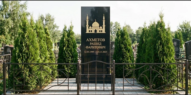 Гравировка мечети на памятник в Сургуте — стела из чёрного гранита, оформление по канонам ислама