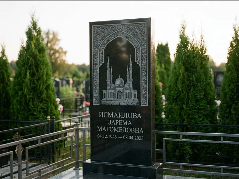 Мусульманский памятник с гравировкой мечети — мечеть в восточной арке с орнаментом, работа «Исмаилова» в Сургуте