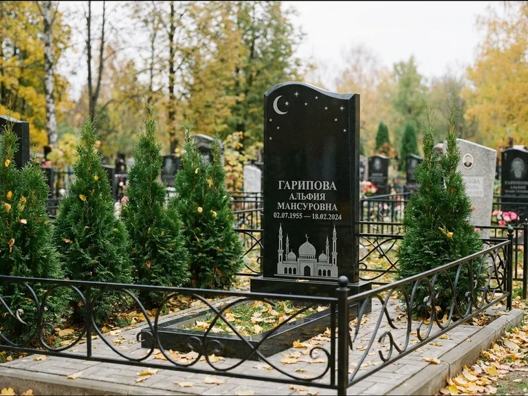 Мусульманский памятник с гравировкой мечети — мечеть с луной в ночном небе, работа «Гарипова» в Сургуте