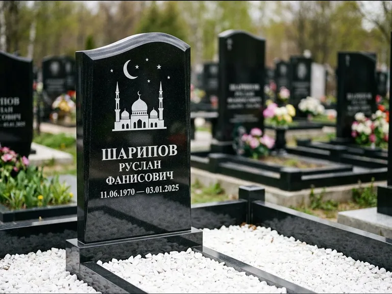 Мусульманский памятник с гравировкой мечети: стела с волнообразным скошенным верхом — гравировка мечети под полумесяцем и звёздами, белая мраморная крошка с бордюром, работа «Шарипов» в Сургуте