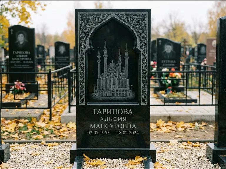 Мусульманский памятник с гравировкой мечети: фигурная стела с михраб-нишей — гравировка мечети в михраб-арке с орнаментом, светлая гравийная отсыпка, работа «Гарипова» в Сургуте