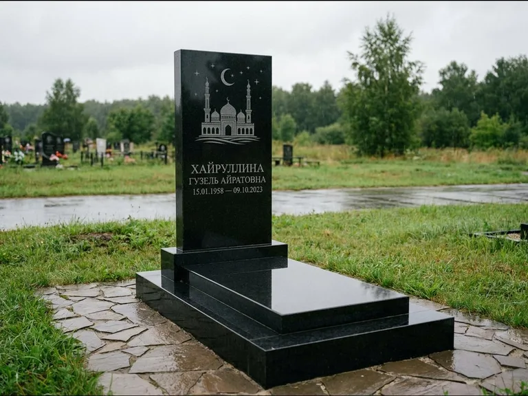 Мусульманский памятник с гравировкой мечети: ступенчатая двухуровневая стела — гравировка мечети под полумесяцем и звёздами, каменная дорожка из плитняка, работа «Хайруллина» в Сургуте