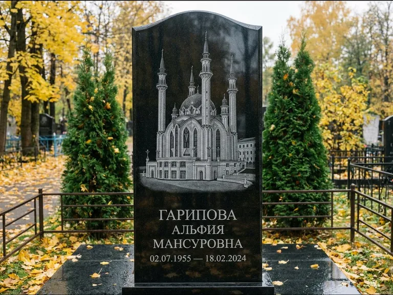 Мусульманский памятник с гравировкой мечети — мечеть Кул-Шариф на обороте стелы, работа «Гарипова» в Сургуте
